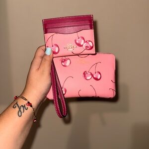 Coach Cherry Print Pink and Red Wristlet & Matching Card Holder 💕🍒
